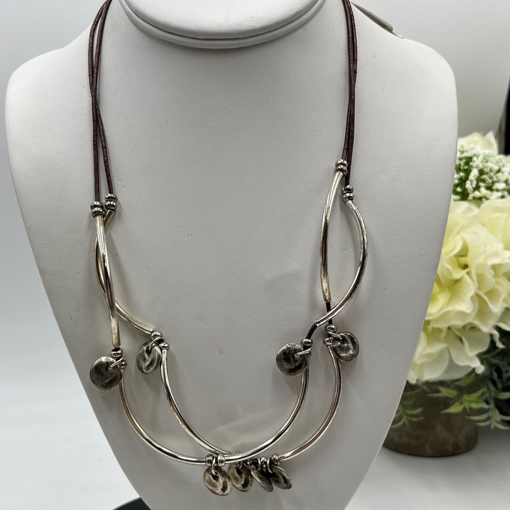 Lizzy James Artisan Silver Tone Leather Necklace Curved
Rods and Dangles New